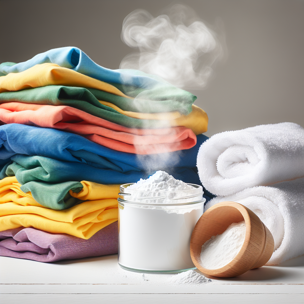 A minimalistic, bright studio shot of a pile of slightly crumpled, colorful laundry subtly emitting almost-visible 'unpleasant odor' wisps, contrasted with a clean, open container of white baking soda powder and a single crisp, white, folded towel, all on a light wooden surface. High key lighting, clean aesthetic.