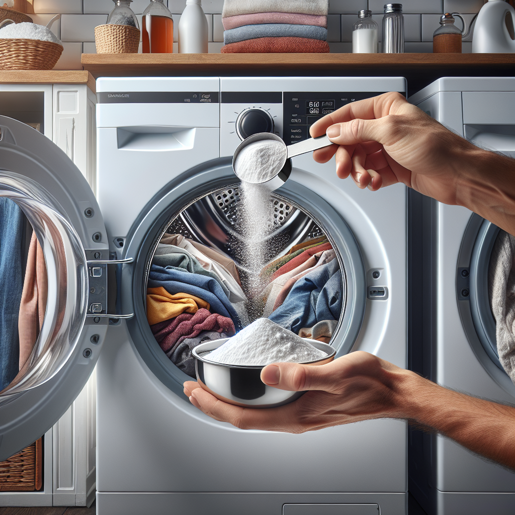 Close-up, eye-level shot of hands gently sprinkling white baking soda powder from a measuring spoon directly into an open washing machine drum containing a mixed load of clothes. The background is a softly blurred modern laundry room, natural lighting, focus on the action and the baking soda.