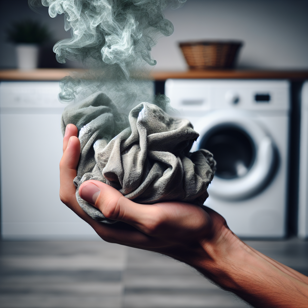 A close-up shot of a crumpled, freshly washed laundry item (e.g., a towel or t-shirt) held hesitantly by a hand, with a subtle, almost invisible wisp of grey-green vapor or distortion in the air around it, indicating an unpleasant, lingering smell. The background is a clean, modern laundry room, softly blurred. Realistic, slightly desaturated colors, emphasizing disappointment.
