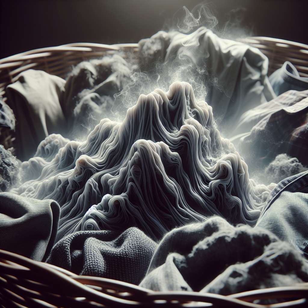 A close-up of a stack of damp, disheveled laundry in a basket, with a subtle, unpleasant, musty odor visually represented by faint, dark, wavy lines emanating from the clothes. The scene feels slightly dim and neglected, emphasizing the problem of mold smell in clothes. Realistic photograph, natural lighting.