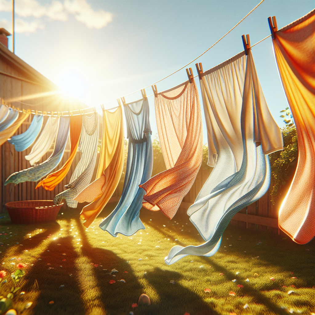 Vibrant, clean, dry clothes gently billowing on an outdoor clothesline under a bright, sunny sky. The image conveys a strong sense of freshness, cleanliness, and the refreshing power of natural air and sunlight, representing laundry free from mold smell. High-quality, optimistic photograph, clear focus.