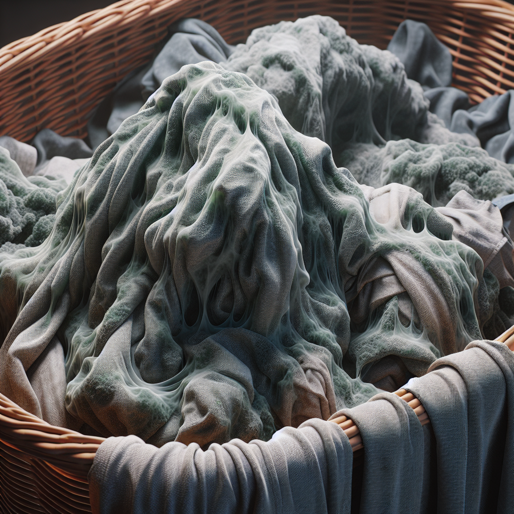Close-up of a pile of damp, wrinkled laundry in a dark, slightly humid laundry basket. Subtle, almost translucent green or grey wisps emanate from the clothes, symbolizing a musty, moldy smell. The overall atmosphere is neglected and unpleasant. Focus on texture and the feeling of dampness. Photorealistic, high detail.