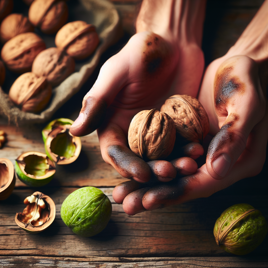 Close-up of hands with dark, stubborn walnut stains on the fingers, conveying a sense of frustration or annoyance. In the background, slightly out of focus, are a few fresh walnuts, some cracked with visible green husks, on a rustic wooden table. The lighting is natural and slightly warm, emphasizing the challenge of the stains. Blog article style.