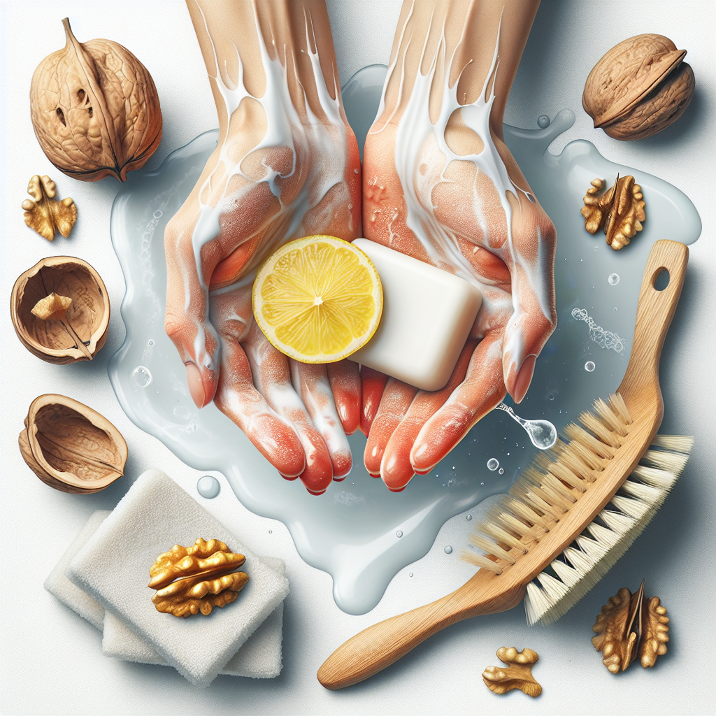 Bright and clean image showing hands, now free of any walnut stains, gently holding a lemon slice and a soft cleaning brush. A bar of white soap and a subtle water splash can be seen in the background, implying successful cleaning and effective home remedies. The overall mood is fresh, hygienic, and successful. Blog article style.