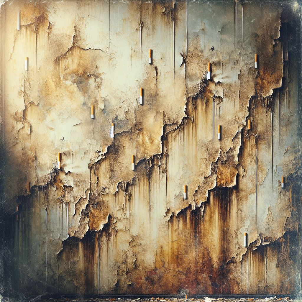 A close-up, high-detail photograph of an old, neglected apartment wall, heavily stained and yellowed by years of cigarette smoke. Visible nicotine residue creates streaks and discoloration, emphasizing a dingy, unpleasant, and grimy appearance. Dim, natural light highlights the texture of the damaged wall.