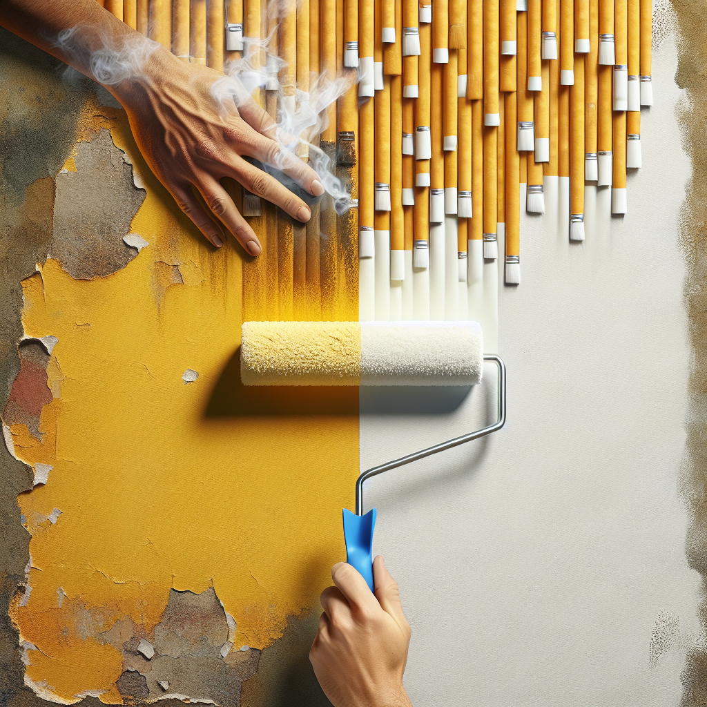 A bright, clean hand holding a paint roller, applying a fresh, pristine white coat of special insulating paint over a clearly visible, yellowed nicotine-stained wall. The stark contrast between the newly painted, clean section and the old, discolored wall conveys a sense of transformation, freshness, and cleanliness. Realistic photograph, well-lit scene.