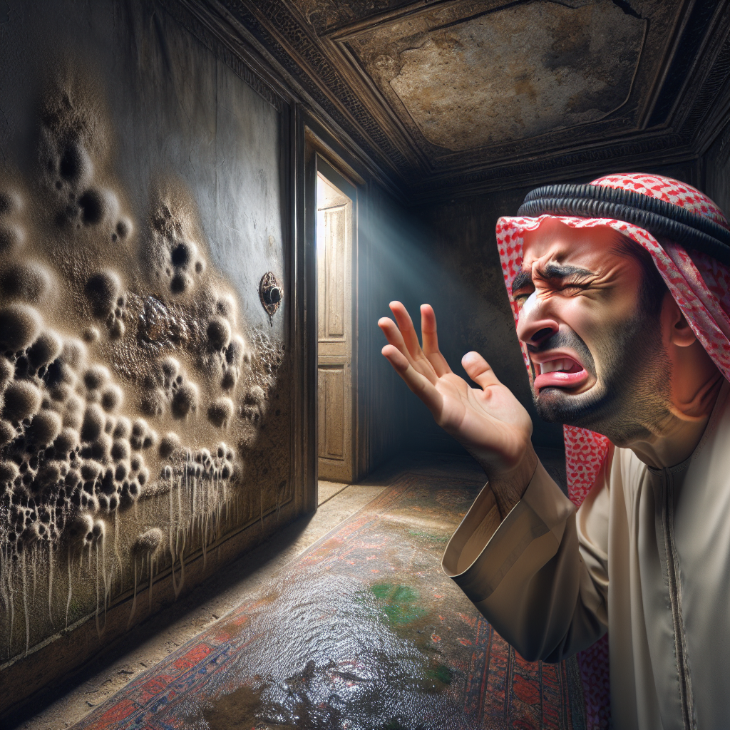 A person looking repulsed by a strong, musty mold smell in a dimly lit, damp corner of an old room. Subtle water stains on the wall, an uncomfortable atmosphere, conveying the burden of persistent odor. Realistic, detailed, cinematic lighting.
