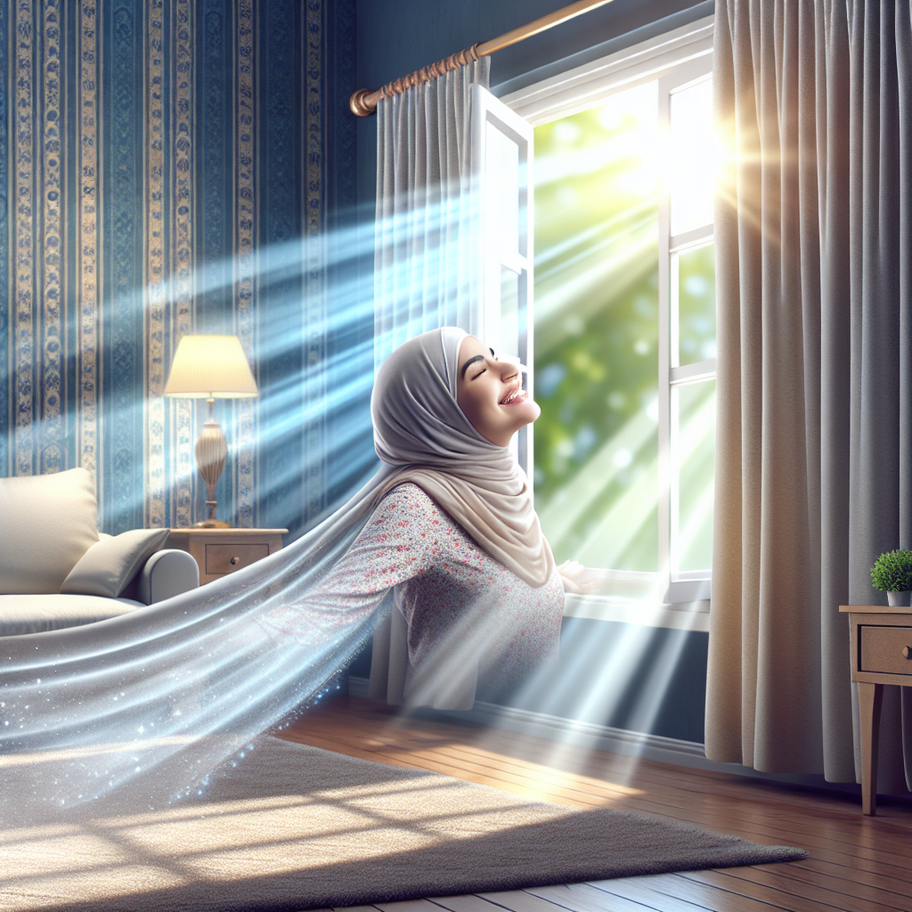 A bright, airy, and freshly cleaned room. Sunlight streams through an open window, curtains gently billowing, symbolizing fresh air. A person smiles, taking a deep, satisfying breath, experiencing relief from the previous musty smell. The room feels spotless and revitalized. Realistic, hopeful, and inviting.