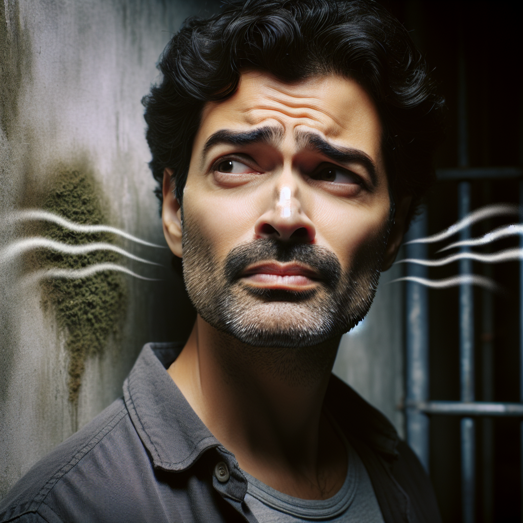 A person, mid-adult, with a slightly concerned expression, standing in a subtly damp and dimly lit corner of a room, perhaps a bathroom or basement. They are sniffing the air, with metaphorical wavy lines representing an unpleasant, musky mold smell subtly emanating from an unseen source. The overall atmosphere should be a bit melancholic and hint at a hidden problem. Realistic style, natural lighting.