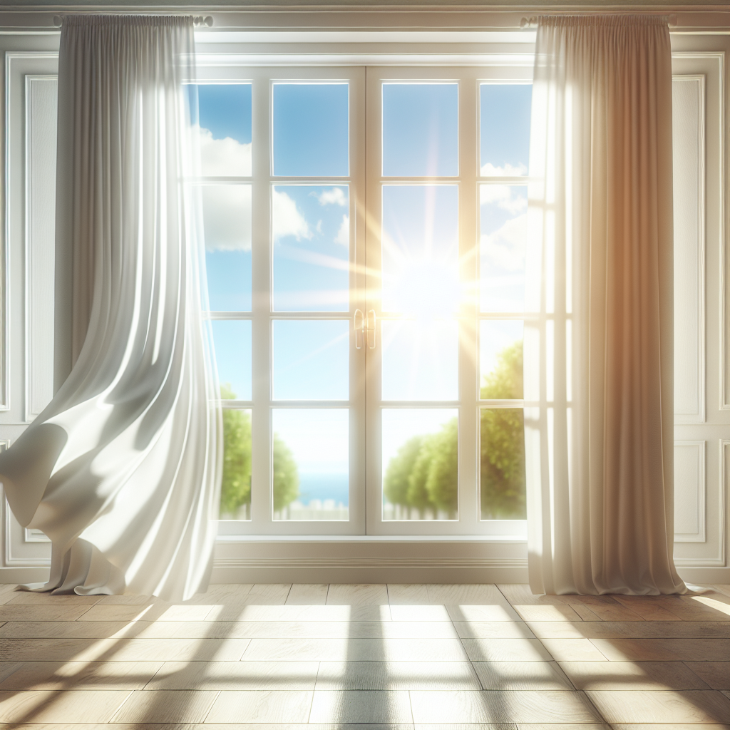 A bright, clean room with a large window wide open, letting in a strong breeze and warm sunlight. White curtains are gently billowing inwards. The overall feeling is one of freshness, cleanliness, and the disappearance of any stale or unpleasant odors. A sense of relief and purity. Realistic style, focus on light and airy atmosphere.