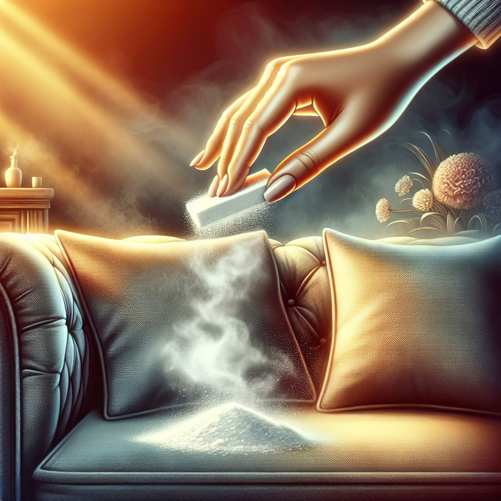 A cozy living room, slightly hazy with a subtle, stylized hint of cigarette smoke. A hand is gently sprinkling white powder (representing baking soda) onto a fabric sofa. The air around the powder and sofa appears to be clearing and brightening, suggesting the smell is being absorbed or neutralized. Warm, clean lighting, focus on a sense of transformation and freshness. Digital art, realistic style.