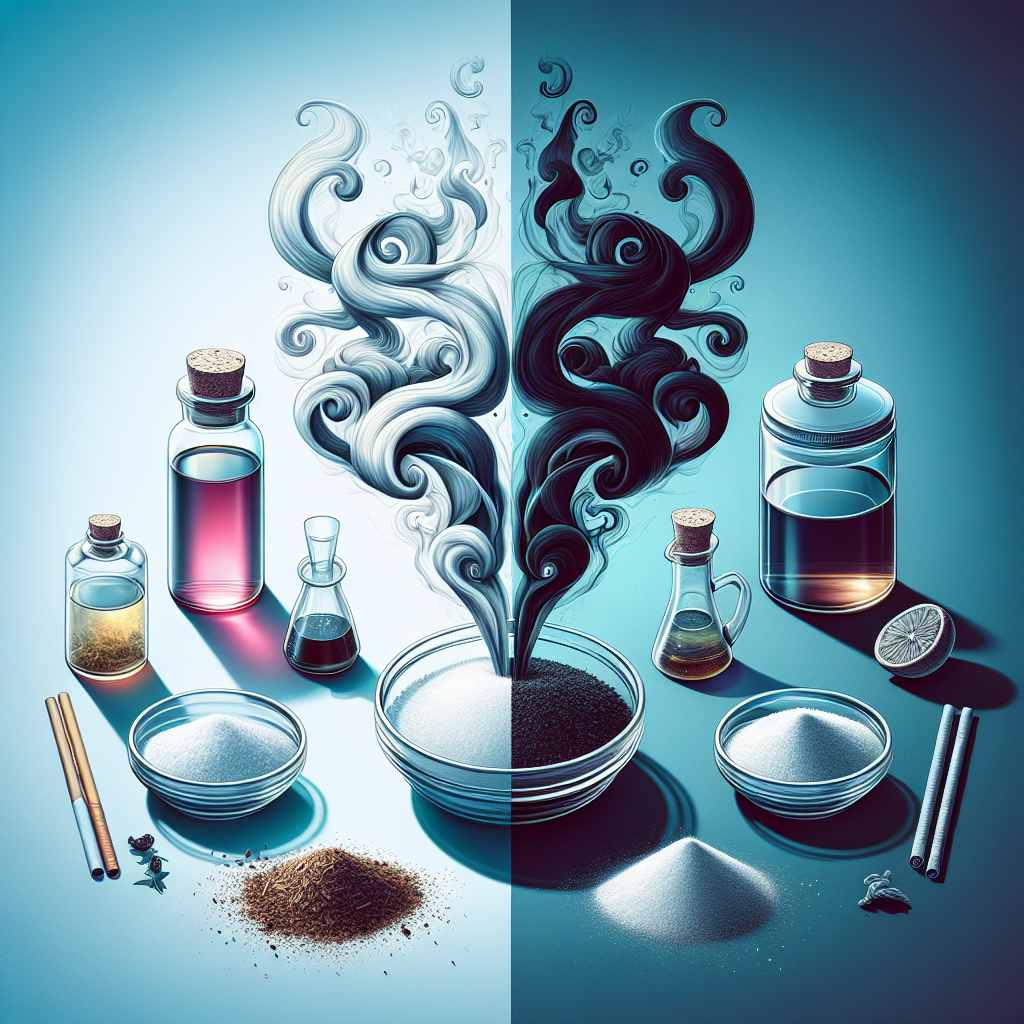 A vibrant, conceptual image depicting the effective methods against nicotine smell. On one side, subtle, dark, swirling smoke elements. On the other, a collection of everyday items: a small bowl of baking soda, a clear bottle of vinegar, and a cup of coffee grounds, arranged cleanly on a light, pristine surface. The items are radiating a soft, purifying light, actively pushing back the smoke. The overall feeling is one of cleanliness, natural solutions, and relief. High contrast, clean composition, studio photography style.