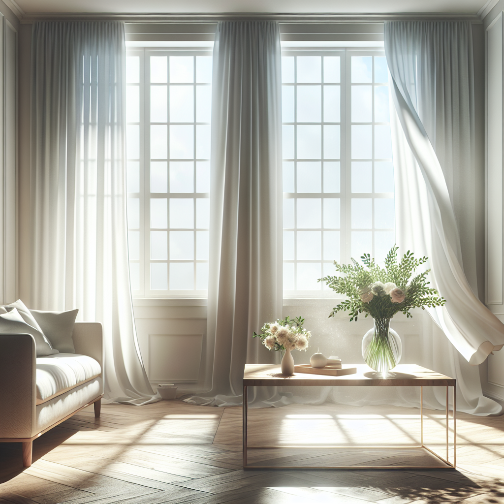 A bright, airy living room with a large open window, white curtains gently billowing in the breeze. Sunlight streams in, illuminating a clean, refreshed space. On a polished wooden table, there's a simple vase with fresh flowers, symbolizing a pleasant, odor-free environment. No visible smoke or dirt. Realistic, inviting atmosphere, high detail.