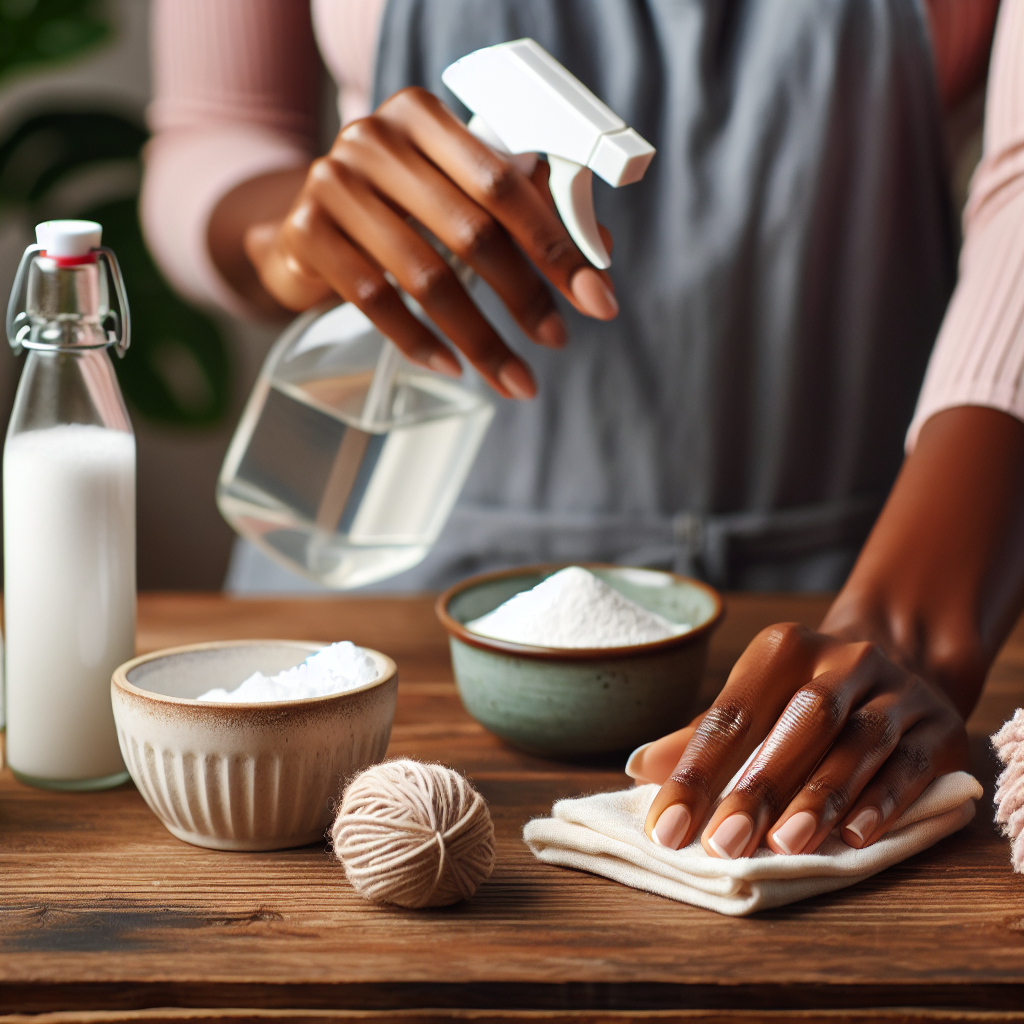 Close-up shot of hands actively cleaning a wooden surface with a spray bottle and a clean cloth. Nearby, a small bowl of baking soda and a bottle of vinegar are visible, representing effective cleaning agents. The background is slightly blurred but hints at a home environment. Focus on practical action and cleanliness. Realistic, detailed.