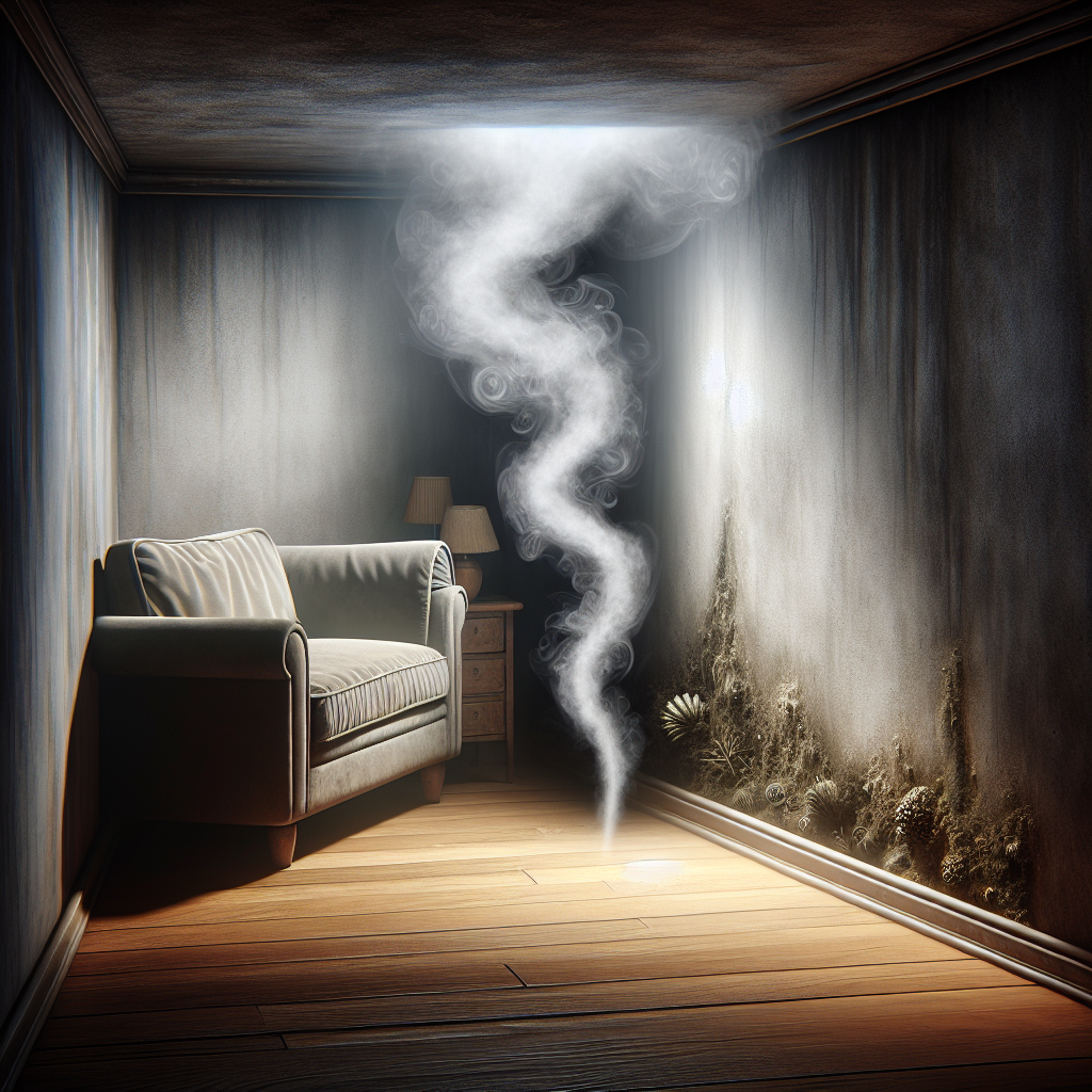 A subtly unsettling image of a slightly damp, dim corner in a living room, with a soft, swirling grey haze emanating from a hidden spot, representing a pervasive musty mold smell. The overall atmosphere is uncomfortable and suggestive of hidden issues.