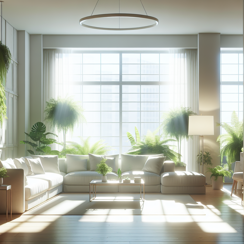 A bright, inviting modern living room filled with natural light, a large window wide open letting in fresh air. Clean, minimalistic decor, a few green plants, and a sense of freshness and calm, symbolizing a home free from unpleasant odors.