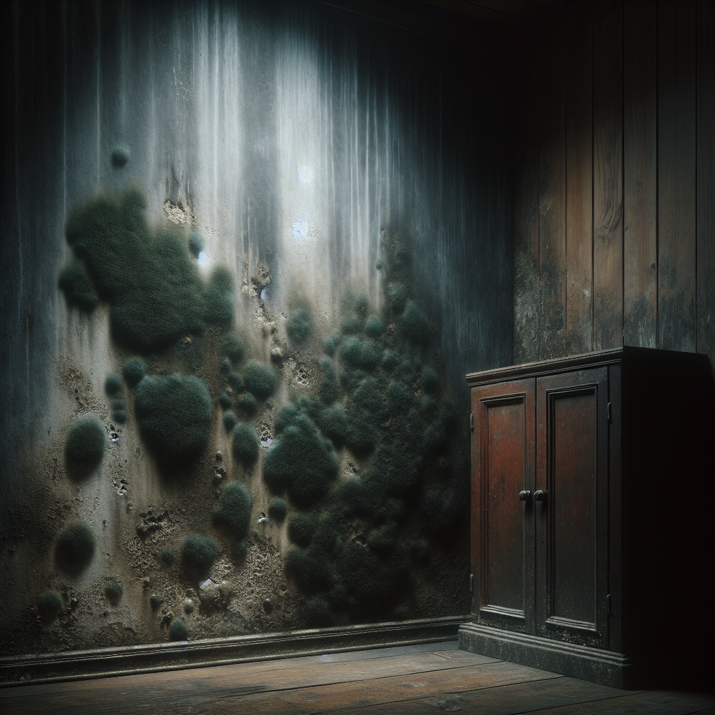A dark, damp corner of a room, partially hidden behind an old wooden cabinet. A subtle, greenish-grey mold growth is visible on the wall, emitting a faint, oppressive, musty haze that subtly distorts the air around it. The overall atmosphere is dim and neglected, hinting at a hidden problem. Realistic photography, natural light.