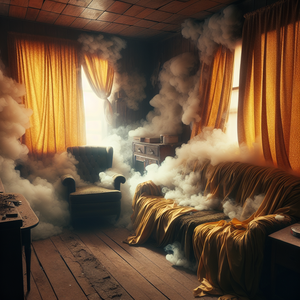 An indoor living space, perhaps a slightly worn but once cozy room, filled with a thick, yellowish-brown, oppressive cigarette smoke that visibly clings to the fabric of curtains, a sofa, and wooden furniture, creating a stale and unpleasant atmosphere. The air appears heavy and stagnant, emphasizing the persistent nature of nicotine odor, with a palpable sense of lingering smell.