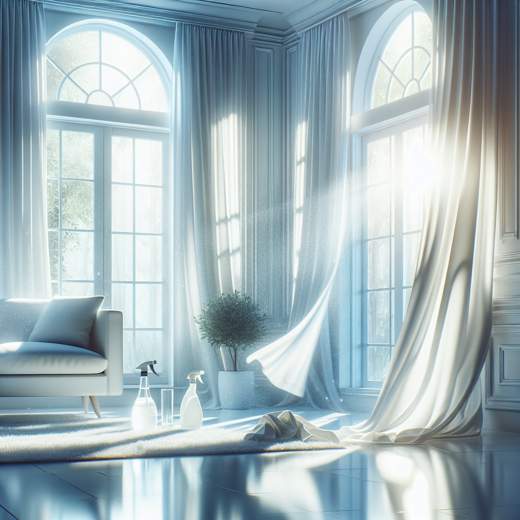 A serene and exceptionally clean home interior. Sunlight streams brightly through wide-open windows, making crisp white curtains billow gently with a fresh breeze. The room feels incredibly airy and pure, with subtle sparkling effects on surfaces, symbolizing freshness and the successful removal of stale odors. A spray bottle and a clean cloth are subtly placed, hinting at the cleaning process.