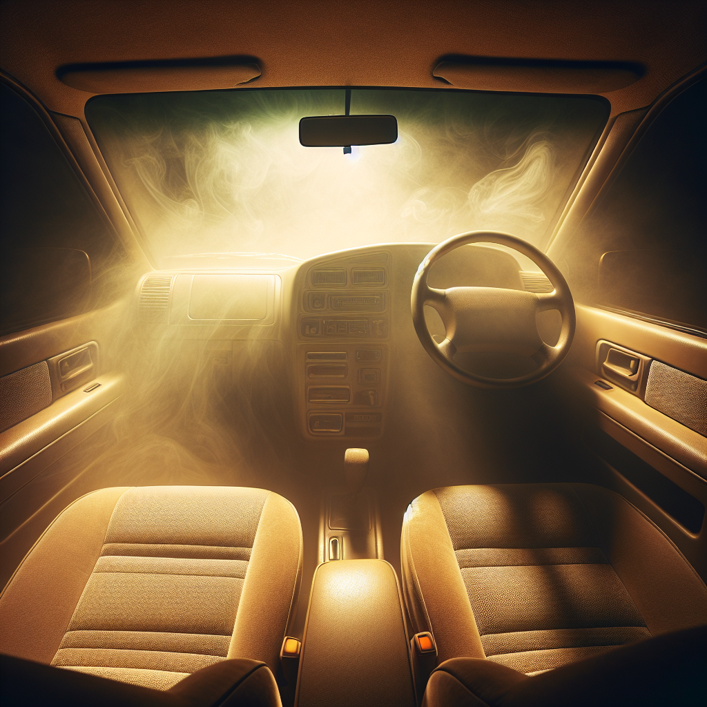 A car interior, dimly lit and appearing stale, with subtle yellowish discoloration on the light-colored upholstery and dashboard. Faint, swirling smoke-like haze lingers in the air, symbolizing a persistent nicotine smell. The overall mood is unpleasant and evokes a need for deep cleaning.