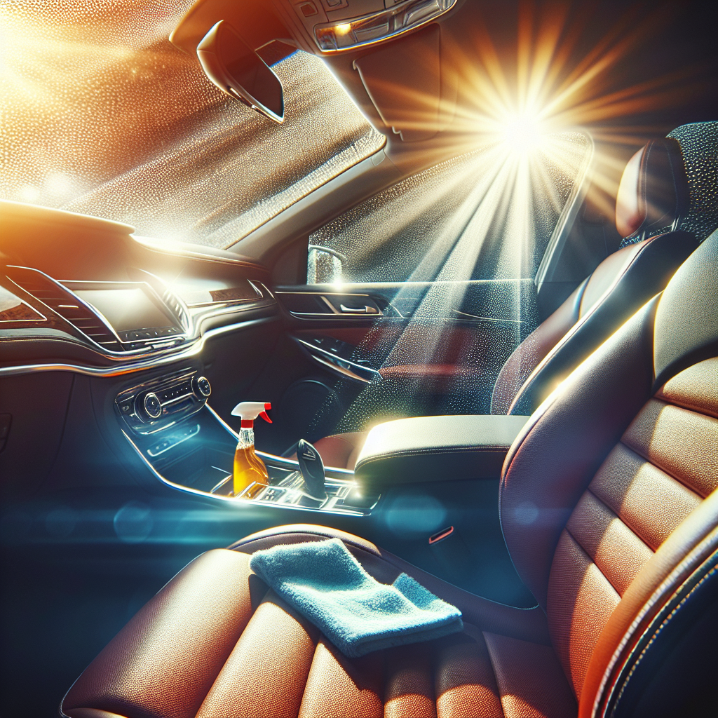 A sparkling clean and fresh car interior, bathed in bright sunlight streaming through wide-open windows. The upholstery is vibrant, the dashboard gleams, and the air looks clear. A subtle hint of a cleaning cloth or spray bottle on a seat indicates recent cleaning efforts, conveying a sense of renewed freshness and cleanliness.