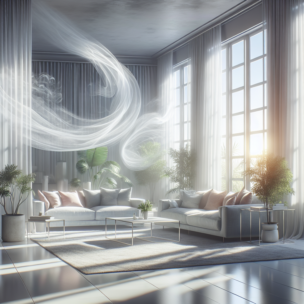A modern, bright living room bathed in natural light, with large open windows allowing a gentle breeze to rustle sheer white curtains. The air looks visibly fresh and clean, with a subtle glow, symbolizing the elimination of unpleasant odors. There are comfortable, light-colored sofas and green houseplants, creating a serene and inviting atmosphere. In the background, a very faint, almost abstract swirl of dissipated grey smoke lingers at the edges, representing the 'before' state, now overcome by freshness. Realistic, detailed, high resolution.