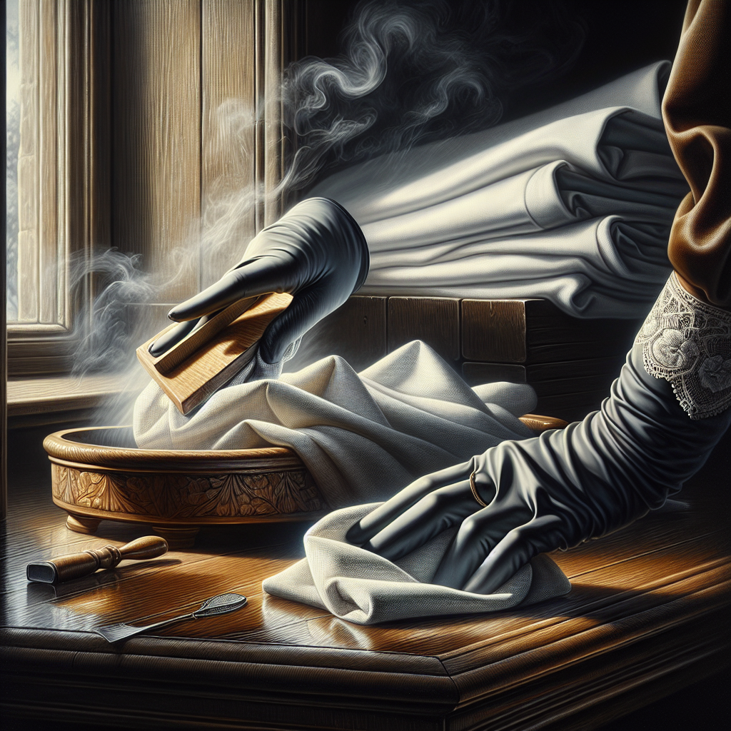 A close-up shot of an elegant, gloved hand diligently wiping down a polished wooden windowsill with a damp, clean cloth, leaving a glistening, streak-free surface. In the soft-focus background, a pile of freshly washed, folded white textiles (like curtains or cushion covers) rests on a table, emitting a subtle, clean steam or shimmer, symbolizing their purification from nicotine odors. A bowl with a clear liquid (implying cleaning solution) is subtly visible. The overall mood is one of diligent effort and successful restoration, with a focus on cleanliness and renewal. Realistic, detailed, indoor lighting.