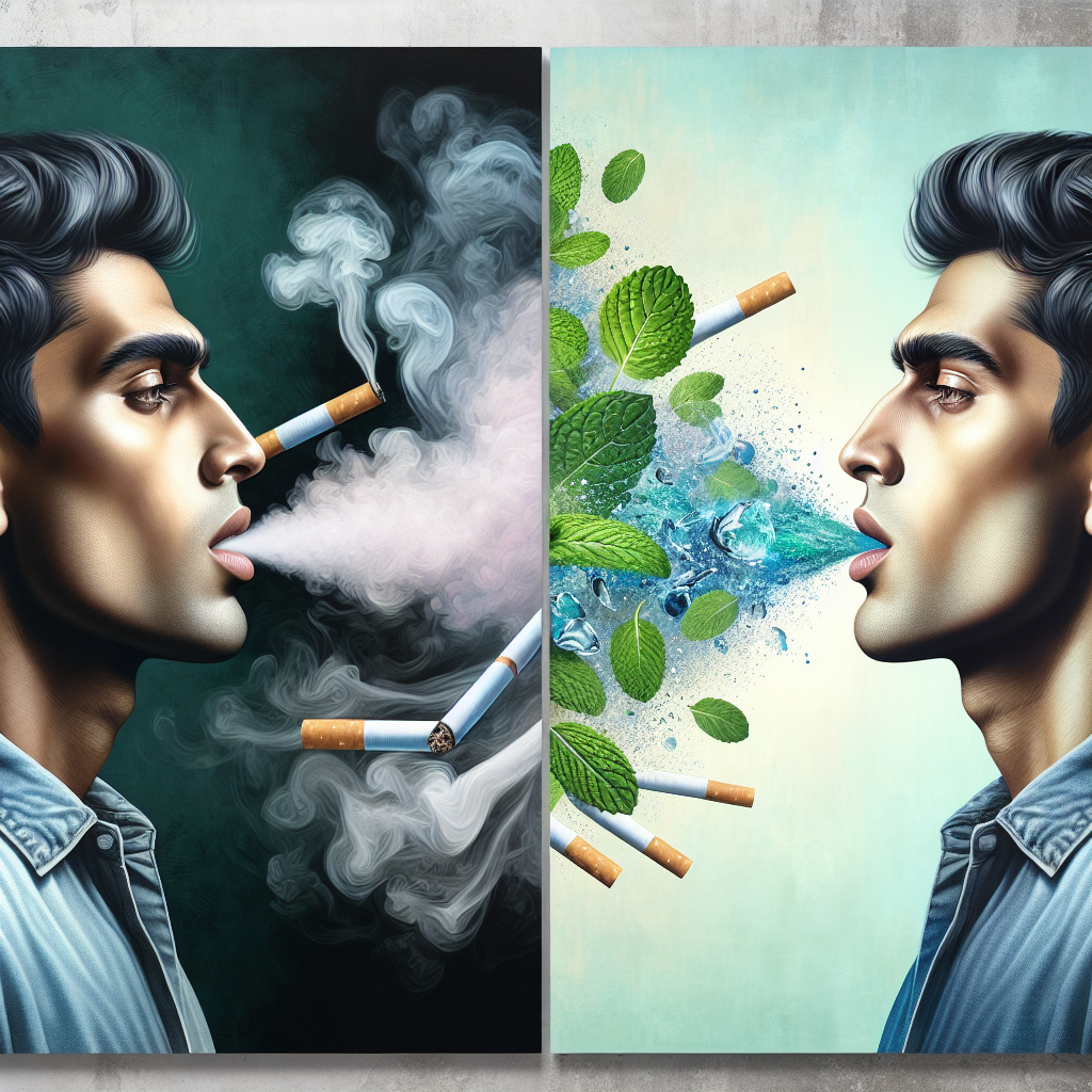 A split image depicting the transformation from nicotine breath to fresh breath. On the left, a subtle, smoky haze emanating from a person's mouth, conveying discomfort and unpleasantness. On the right, a bright, invigorating burst of clean air with fresh mint leaves and sparkling water droplets, symbolizing freshness and confidence. The style is modern and clean.