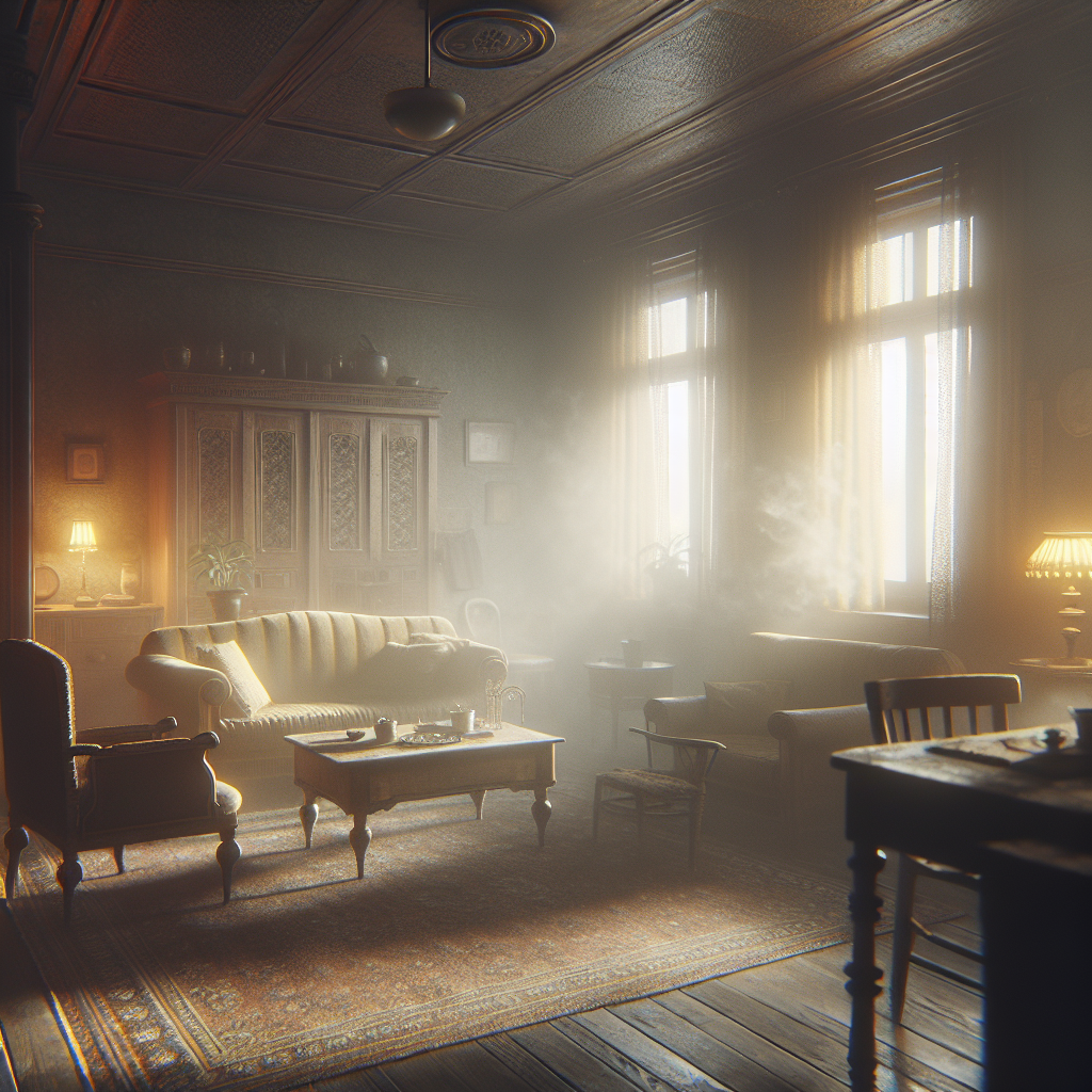 A dimly lit, slightly hazy living room interior with vintage furniture and faded curtains, showing a subtle yellowish tint on surfaces, indicating a lingering, stale cigarette smoke odor. The air appears heavy and uninviting, with a sense of accumulated dust and unpleasantness. Focus on the atmosphere of a room desperately needing a deep clean. Realistic, melancholic lighting.