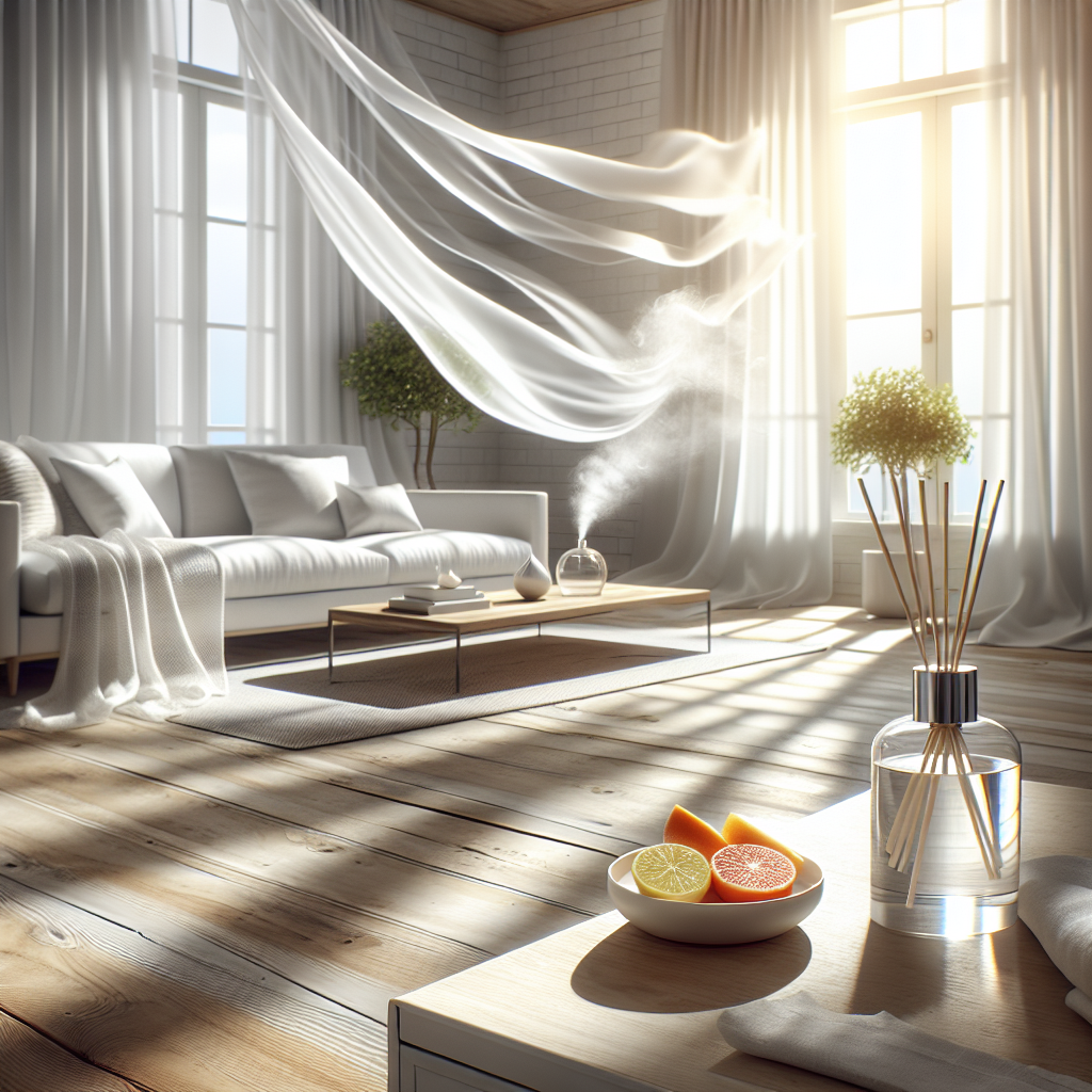 A bright, airy living room with wide-open windows, white sheer curtains gently billowing in a fresh breeze. Sunlight streams in, illuminating sparkling clean wooden surfaces and freshly laundered, pristine textiles. A subtle mist diffuser or an open bowl with citrus slices is visible, symbolizing freshness. The overall feeling is one of renewed cleanliness and vibrant freshness. Realistic, optimistic, clean aesthetic.