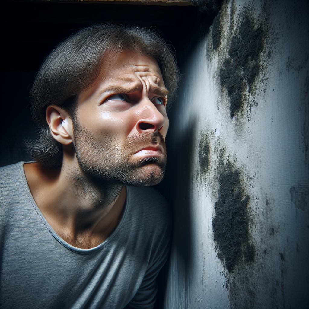 A person with a concerned expression, nose wrinkled, detecting a strong, musty odor in a dimly lit, damp corner of a bathroom or basement. Subtle signs of moisture or dark spots are visible on the wall behind them, hinting at an unseen mold problem. The atmosphere is oppressive and conveys discomfort. Realistic, photographic style.