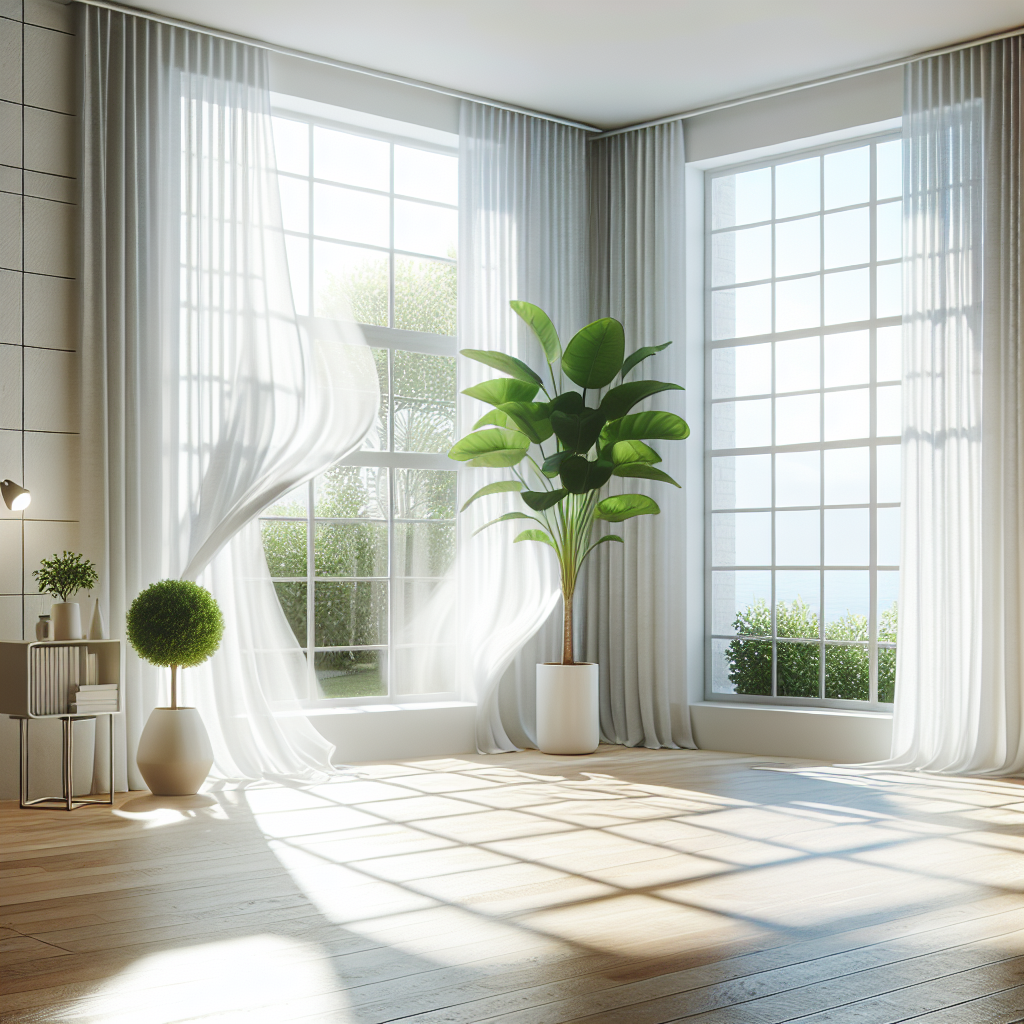 A brightly lit, fresh room with large windows wide open, showing a gentle breeze making white curtains billow inwards. Sunlight streams in, highlighting a clean, minimalist interior with a healthy green houseplant. The scene evokes a feeling of cleanliness, fresh air, and effective ventilation, signifying a home free from musty odors. High-quality photography, inviting atmosphere.