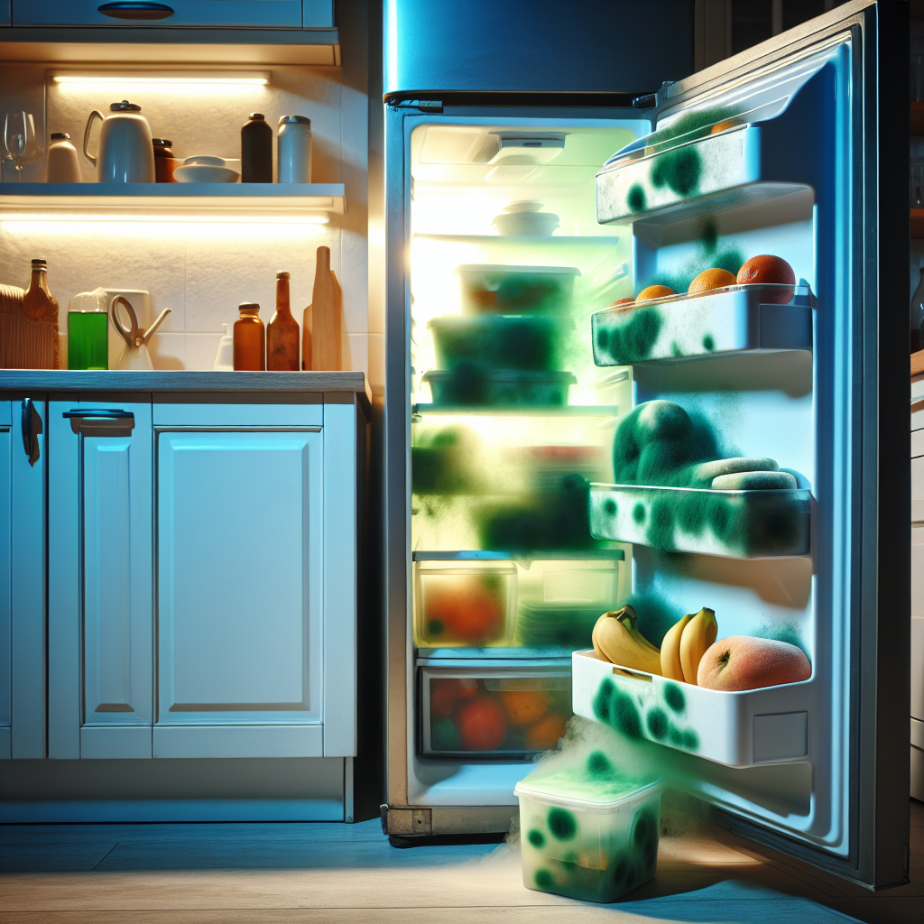A slightly open refrigerator door, with a subtle, unpleasant green mist or haze wafting out. Inside, some forgotten food containers or an old fruit show visible, but not overly gross, hints of mold, conveying a strong, bad odor. The overall scene is clean but unappetizing, emphasizing the problem of mold smell. Realistic, bright kitchen lighting.