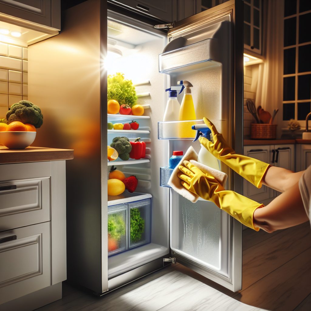 A sparkling clean, open refrigerator with neatly arranged, fresh produce and clean shelves. A hand in a yellow rubber glove is carefully wiping the clean door seal with a white cloth. A spray bottle of cleaning solution (e.g., vinegar and water) and a bowl of lemons or baking soda are visible on the counter next to the fridge. The scene conveys freshness, hygiene, and effective cleaning, with bright, inviting lighting.