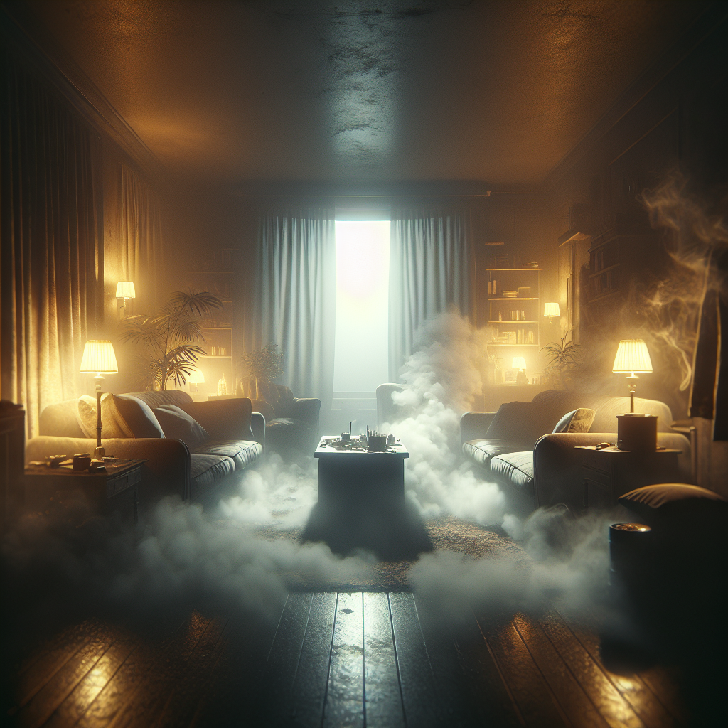 A dimly lit, slightly hazy living room interior, filled with visible, heavy cigarette smoke creating a pervasive yellow-brownish tint. The air feels stale and unpleasant. Grimy curtains and furniture surfaces subtly reflect the long-term impact of nicotine, depicting a strong, lingering smell. Realistic, atmospheric.