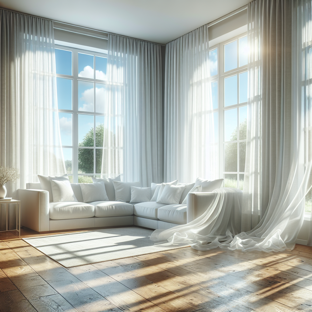 A bright, clean living room with wide-open windows allowing abundant sunlight and a fresh breeze to stream in, making sheer white curtains billow gently. The room feels airy, revitalized, and free of any odor, symbolizing freshness and a clean environment after deep cleaning. Realistic, inviting atmosphere.