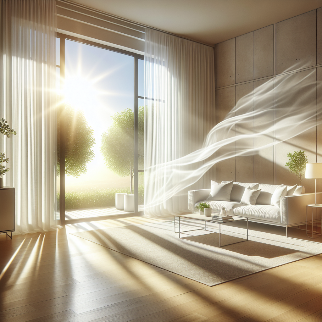 A bright, clean living room bathed in sunlight, with a wide-open window allowing a fresh breeze to gently rustle sheer white curtains. The air looks clear and inviting, conveying a strong sense of freshness and the complete absence of unpleasant odors. Focus on a feeling of renewal and cleanliness in a modern, cozy German home setting.