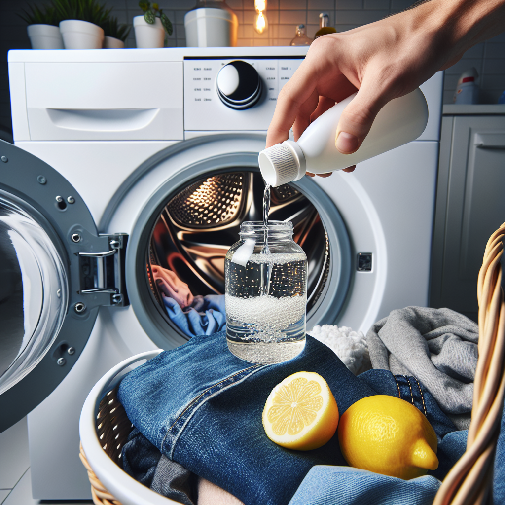 Close-up, high-angle shot of a hand pouring a small stream of white vinegar from a bottle directly into a washing machine drum filled with clothes. A whole lemon and a few lemon slices are visible on the edge of the washing machine, suggesting natural remedies for odor removal. Bright, clean, and practical aesthetic in a modern laundry room.