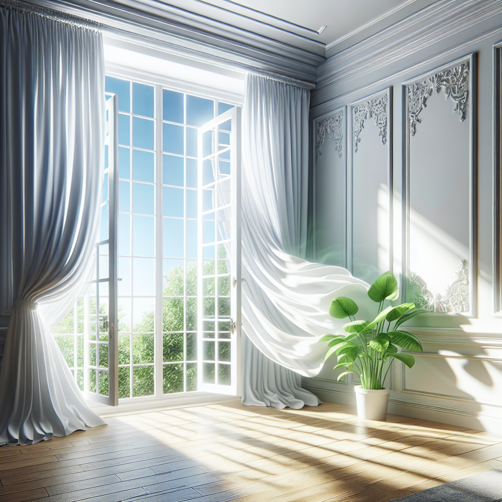 A bright, clean room with a large window wide open, letting in abundant sunlight and fresh air. Sheer white curtains are gently billowing in the breeze. A healthy green plant sits on the windowsill, symbolizing renewal and a healthy indoor environment, free from mold and musty odors. High-key lighting, fresh, inviting atmosphere.