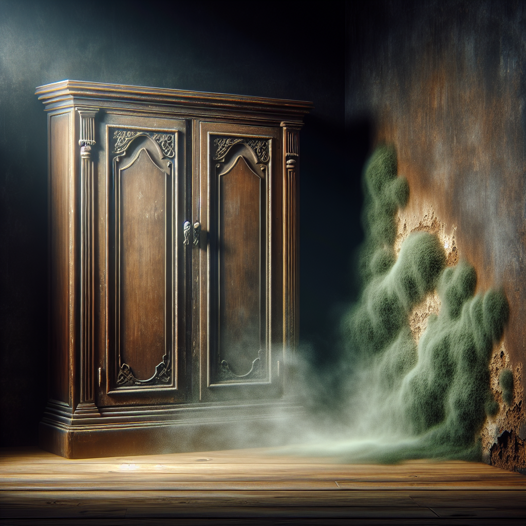 A dimly lit, unsettling room corner with a large, old wooden cabinet pushed against the wall. A subtle, greenish-brown, almost invisible cloud or haze emanates from behind the cabinet, visually representing a pervasive, unpleasant musty mold smell. The air appears heavy and damp, conveying discomfort and a hidden problem. Realistic photograph, moody lighting.