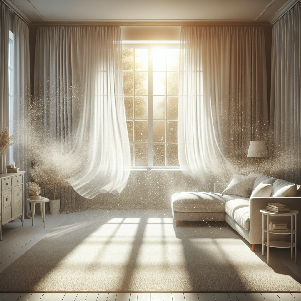 A bright and inviting living room, meticulously clean, with a large window wide open. Sunlight streams into the room, illuminating dust motes dancing in the air, creating a sense of freshness and warmth. A gentle, clear breeze billows sheer white curtains, symbolizing excellent ventilation and clean, fresh air filling the space. Realistic photograph, inviting atmosphere.