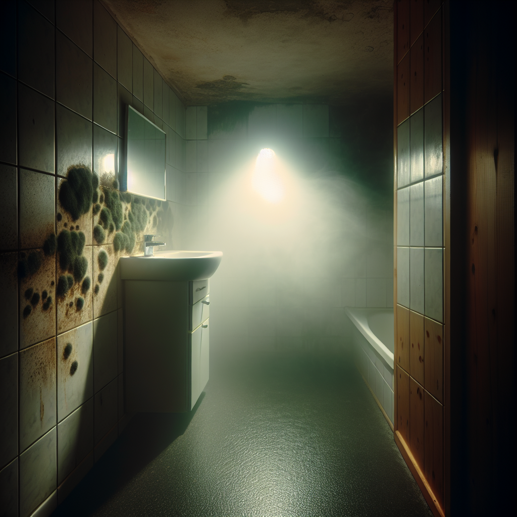Ein dunkler, leicht feuchter Badezimmer- oder Kellerbereich in einem deutschen Zuhause. Ein kleiner, unsichtbarer Schimmelfleck an einer Wand oder in einer Ecke wird angedeutet, aber nicht explizit gezeigt, um den muffigen, modrigen Geruch darzustellen, der oft vor sichtbarem Schimmel wahrgenommen wird. Die Atmosphäre ist leicht beunruhigend und vernebelt, um den unangenehmen Geruch visuell zu vermitteln. Realistisch, leicht dunkel.