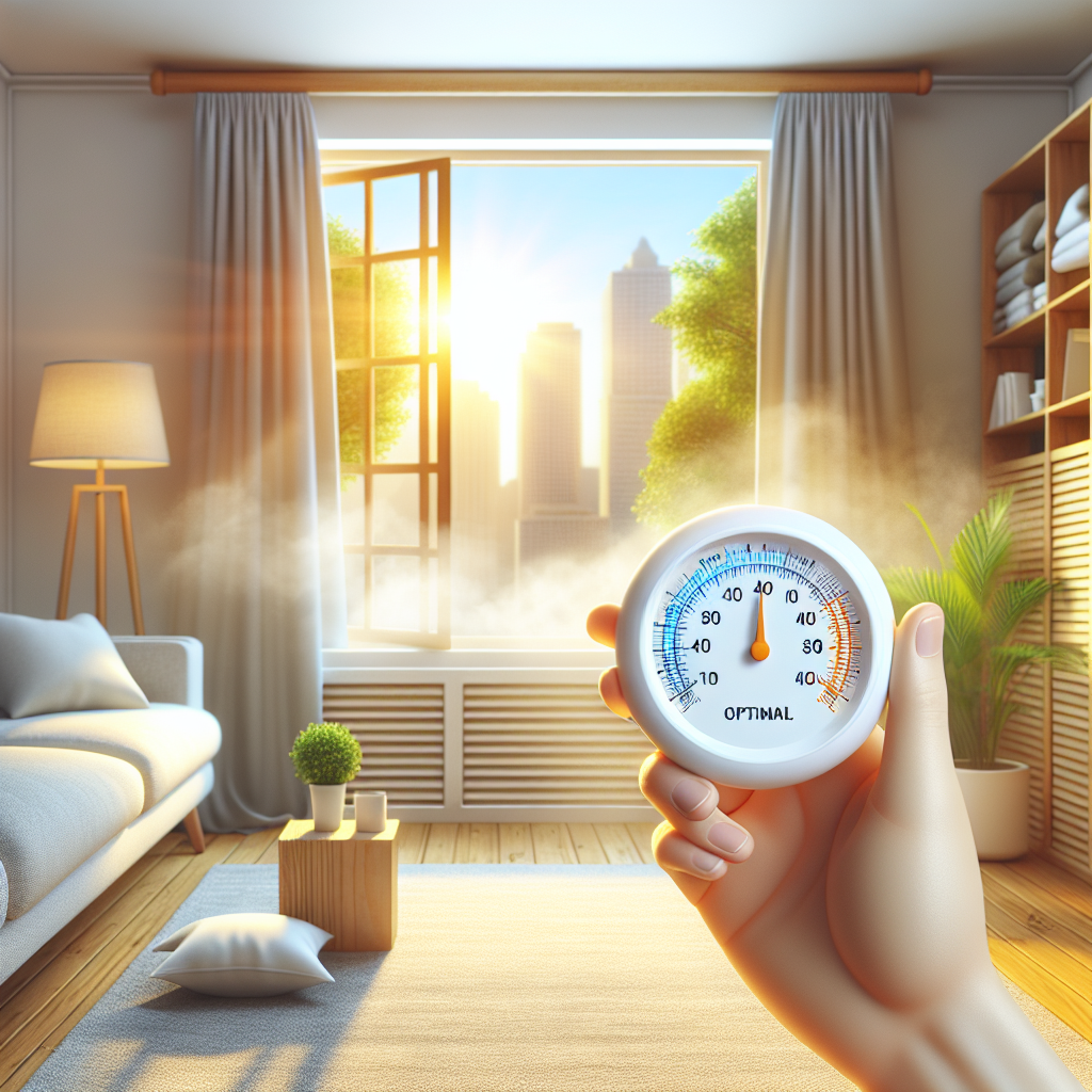 Ein helles, sauberes und gut gelüftetes Zimmer mit einem weit geöffneten Fenster, das frische Luft und warmes Sonnenlicht hereinlässt. Eine Hand hält ein Hygrometer, das eine optimale, niedrige Luftfeuchtigkeit anzeigt. Die Szene vermittelt ein Gefühl von Frische, Sauberkeit und erfolgreicher Problemlösung gegen Schimmelgeruch. Der Stil ist realistisch, hell und optimistisch.