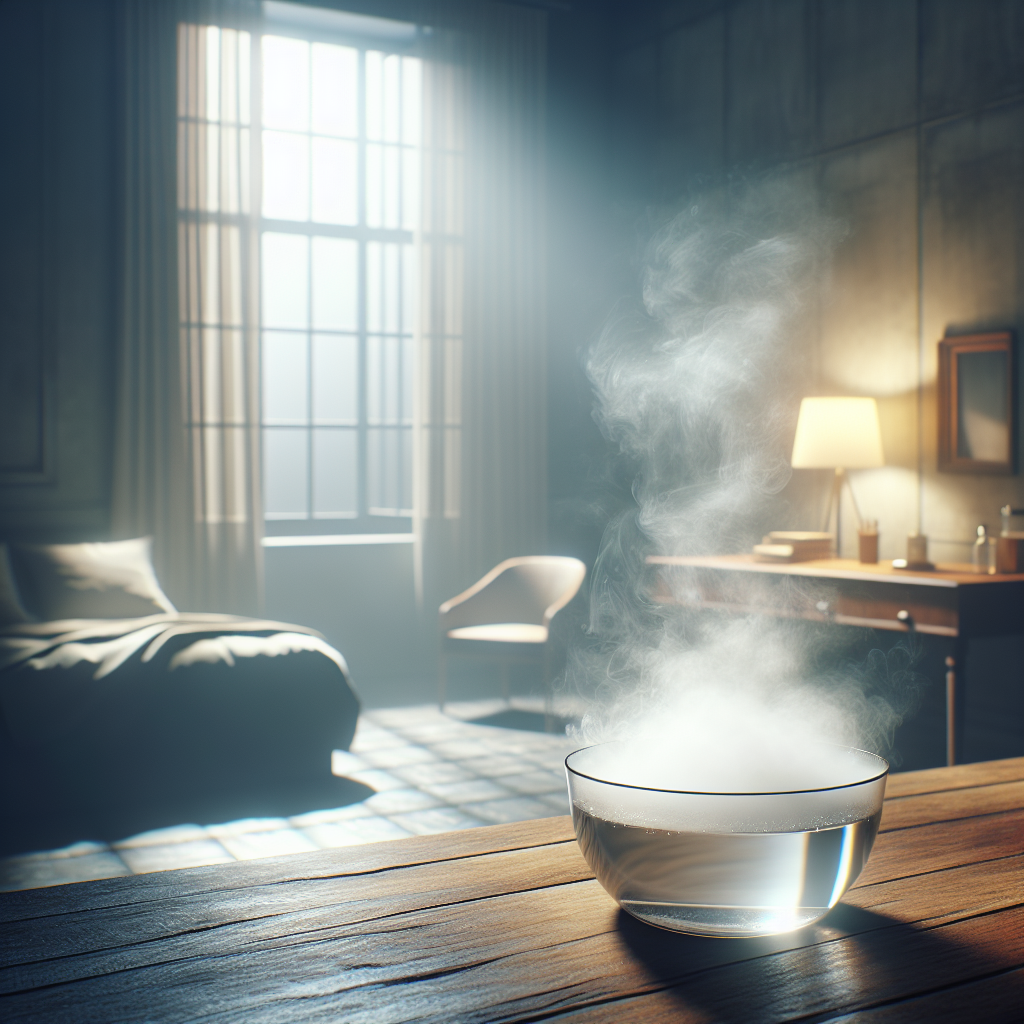 A cozy but slightly hazy room, subtly filled with a faint trace of cigarette smoke. On a wooden table, a simple glass bowl of white vinegar stands prominently, appearing to neutralize the air. In the background, a half-open window suggests fresh air entering. Realistic, soft lighting.