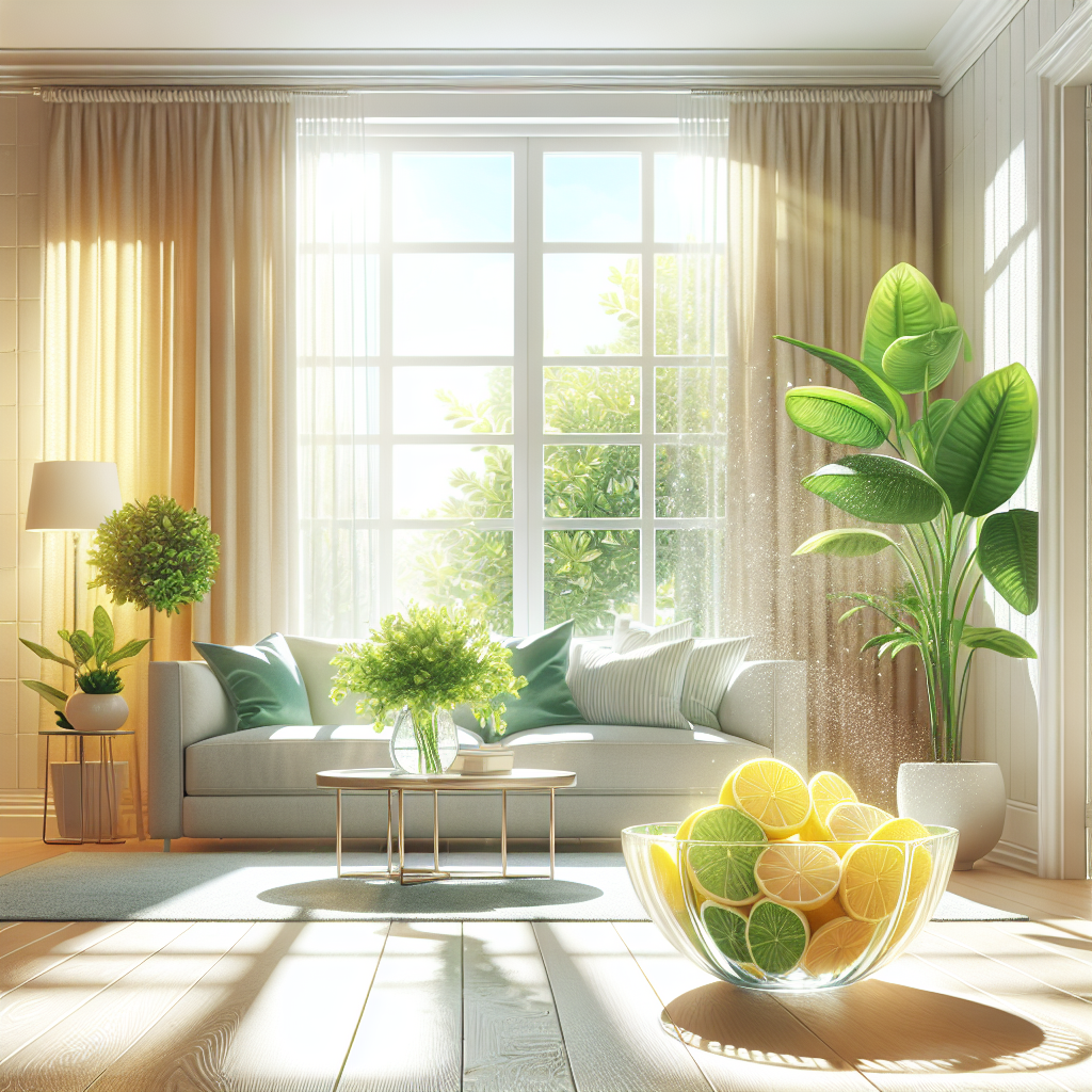 A sparkling clean and bright living room, filled with natural light from an open window. Lush green houseplants and a bowl of fresh lemon slices are visible, creating an atmosphere of invigorating freshness and purity. No signs of smoke, emphasizing a completely neutralized and pleasant environment.