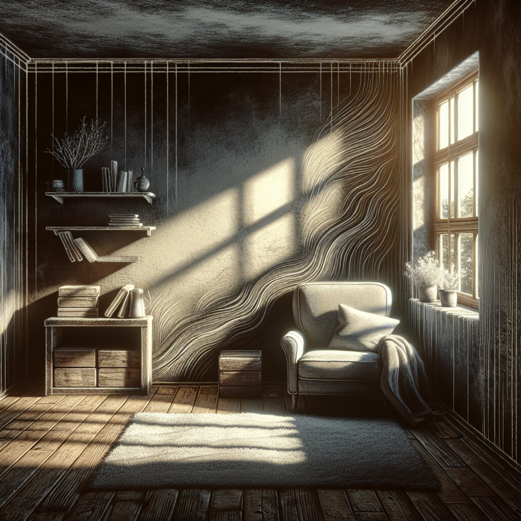 A cozy room with subtle, dark, wavy lines representing a lingering, musty mold smell emanating from a damp corner or shadowed area. A window is wide open, allowing bright, fresh air and sunlight to stream in, visually pushing back the unpleasant odor, creating a strong contrast between stale and fresh. Realistic, slightly symbolic.