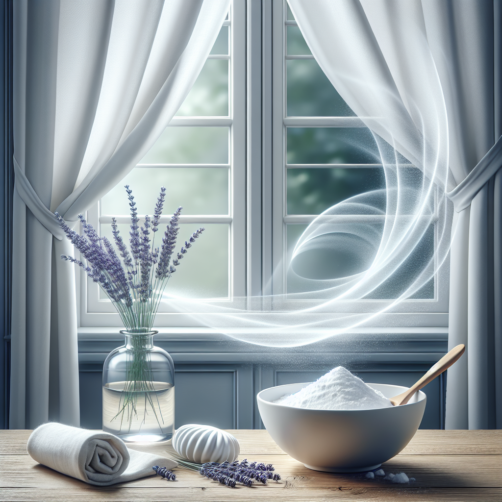 A bright, inviting home scene depicting ultimate freshness and cleanliness after eliminating unpleasant odors. A gentle breeze flows through an open window, rustling clean, white curtains. On a tabletop, there's a bowl of baking soda, a sprig of lavender, and a subtle glowing aura of clean, purified air filling the space. The overall atmosphere should be light, airy, and very clean, suggesting complete odor neutralization.