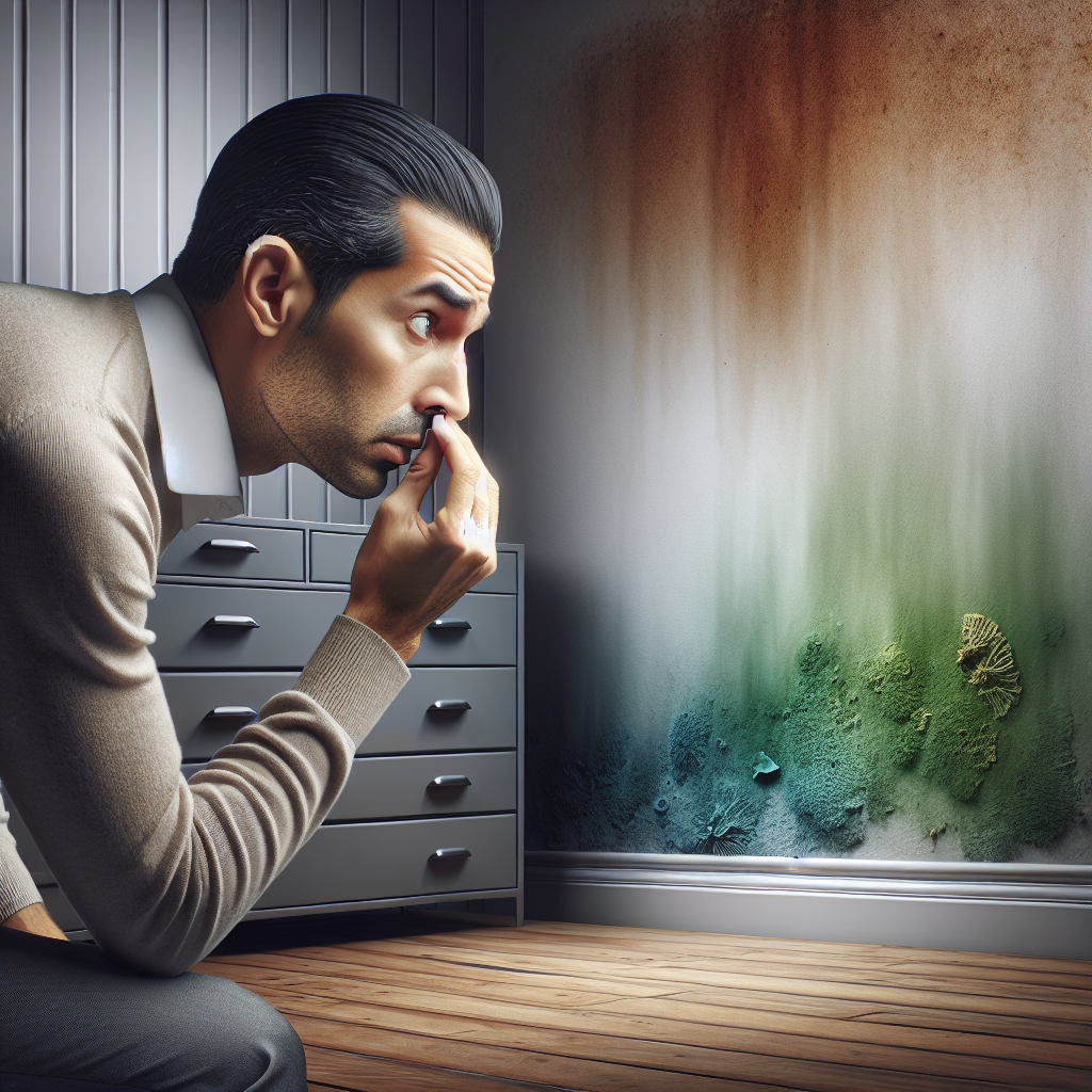 A person with a worried expression, subtly sniffing the air in a clean-looking room. A faint, almost transparent, earthy-green or grey mist is depicted emanating from a wall behind a piece of furniture, symbolizing hidden mold and its distinct, musty odor. The overall lighting is slightly muted, conveying a sense of unease and the unseen threat. Photorealistic, subtle color palette.
