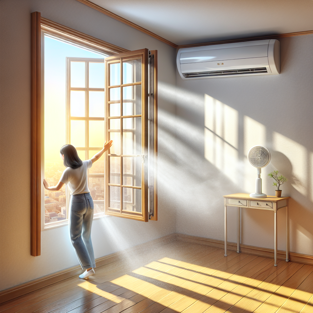 A bright, clean room with a large window wide open, letting in warm sunlight and a refreshing breeze. A hand is reaching out to fully open the window further, emphasizing ventilation. In the corner of the room, a person is carefully examining a wall or floor with a flashlight, suggesting the search for moisture or hidden problems. The overall atmosphere is proactive, clean, and hopeful. Photorealistic.