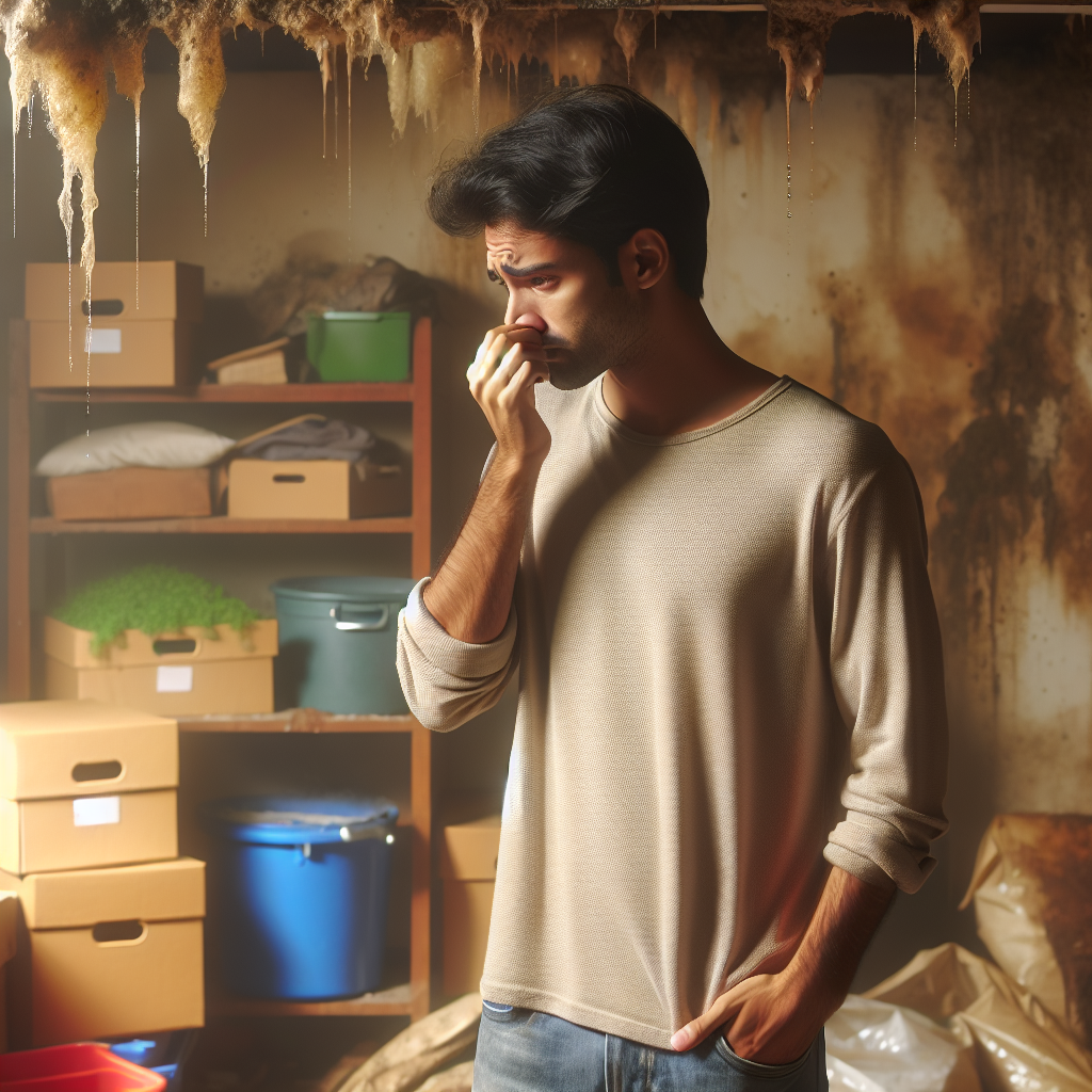 A person looks disgusted, holding their nose, standing in a slightly dim and cluttered room that subtly suggests dampness and a musty odor. The atmosphere is unpleasant and heavy, conveying a problem with mold smell. Realistic photograph.